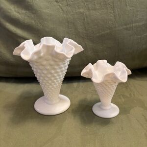 Fenton Milk Glass White Hobnail Ruffled Compote/Vase (pair)
